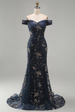 Navy Mermaid Off The Shoulder Long Mother of the Bride Dress with Sequins