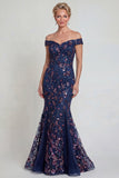 Navy Mermaid Off The Shoulder Long Mother of the Bride Dress with Sequins