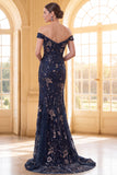 Navy Mermaid Off The Shoulder Long Mother of the Bride Dress with Sequins