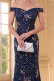 Navy Mermaid Off The Shoulder Long Mother of the Bride Dress with Sequins