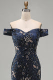 Navy Mermaid Off The Shoulder Long Mother of the Bride Dress with Sequins