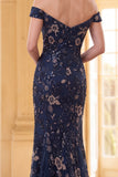 Navy Mermaid Off The Shoulder Long Mother of the Bride Dress with Sequins