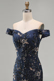 Navy Mermaid Off The Shoulder Long Mother of the Bride Dress with Sequins