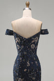 Navy Mermaid Off The Shoulder Long Mother of the Bride Dress with Sequins