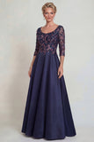 Navy Sequins A Line Long Mother of the Bride Dress with Half Sleeves