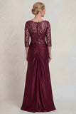 Burgundy Mermaid V Neck Sequin Mother of the Bride Dress with 3/4 Sleeves