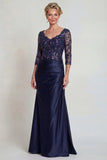 Burgundy Mermaid V Neck Sequin Mother of the Bride Dress with 3/4 Sleeves