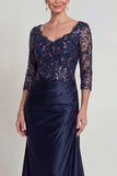 Burgundy Mermaid V Neck Sequin Mother of the Bride Dress with 3/4 Sleeves