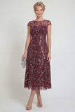Sparkly Burgundy Sheath Sequins Boat Neck Midi Mother of the Bride Dress