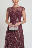 Sparkly Burgundy Sheath Sequins Boat Neck Midi Mother of the Bride Dress