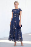 Sparkly Navy Floral A Line Beaded Boat Neck Maxi Mother of the Bride Dress