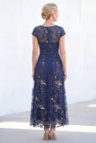 Sparkly Navy Floral A Line Beaded Boat Neck Maxi Mother of the Bride Dress
