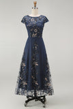 Sparkly Navy Floral A Line Beaded Boat Neck Maxi Mother of the Bride Dress