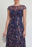 Sparkly Navy Sheath Sequins Boat Neck Maxi Mother of the Bride Dress