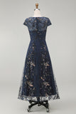 Sparkly Navy Floral A Line Beaded Boat Neck Maxi Mother of the Bride Dress