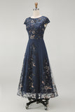 Sparkly Navy Floral A Line Beaded Boat Neck Maxi Mother of the Bride Dress