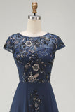 Sparkly Navy Floral A Line Beaded Boat Neck Maxi Mother of the Bride Dress