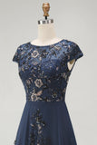 Sparkly Navy Floral A Line Beaded Boat Neck Maxi Mother of the Bride Dress