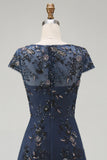 Sparkly Navy Floral A Line Beaded Boat Neck Maxi Mother of the Bride Dress