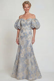 Floral Dusty Blue Mermaid Off The Shoulder Mother Of Bride Dress