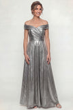 Grey Silver Metallic A Line Off The Shoulder Long Mother Of The Bride Dress