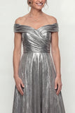 Grey Silver Metallic A Line Off The Shoulder Long Mother Of The Bride Dress