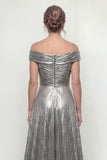 Grey Silver Metallic A Line Off The Shoulder Long Mother Of The Bride Dress