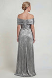 Off The Shoulder Grey Silver A Line Ruched Mother Of Bride Dress with Pockets