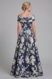 Navy Off The Shoulder Floral A Line Printed Mother of the Bride Dress with Pockets