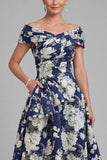 Navy Off The Shoulder Floral A Line Printed Mother of the Bride Dress with Pockets
