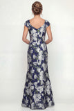 Navy Mermaid Printed Floral Mother of the Bride Dress with Cap Sleeves
