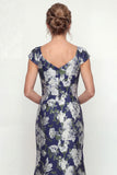 Navy Mermaid Printed Floral Mother of the Bride Dress with Cap Sleeves