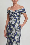 Navy Floral Off The Shoulder Mermaid Printed Mother of the Bride Dress with Pockets