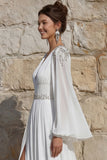 Ivory Chiffon Beaded A Line Long Wedding Dress with Slit