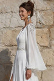 Ivory Chiffon Beaded A Line Long Wedding Dress with Slit