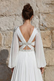 Ivory Chiffon Beaded A Line Long Wedding Dress with Slit