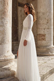 Ivory Pleated V Neck Long Sleeves Wedding Dress with Slit