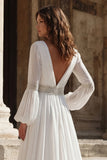 Ivory Pleated V Neck Long Sleeves Wedding Dress with Slit