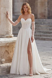Ivory Sweetheart A Line Long Corset Wedding Dress with Slit