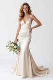 Ivory Satin Spaghetti Straps Sweep Train Mermaid Wedding Dress
