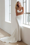 Ivory Spaghetti Straps Satin Mermaid Sweep Train Dress with Lace