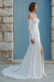 Ivory Mermaid Cold Shoulder Ruched Sweep Train Wedding Dress with Slit