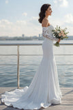 Ivory Off the Shoulder Mermaid Sweep Train Wedding Dress with Lace