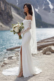 Ivory Mermiad Off the Shoulder Sweep Train Wedding Dress with Slit