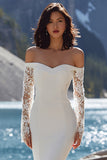 Ivory Mermiad Off the Shoulder Sweep Train Wedding Dress with Slit
