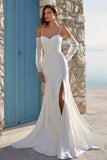 Ivory Mermiad Ruched Spaghetti Straps Sweep Train Wedding Dress with Slit