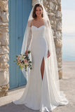 Ivory Mermiad Ruched Spaghetti Straps Sweep Train Wedding Dress with Slit