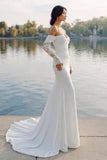 Ivory Satin Mermaid Off The Shoulder Sweep Train Wedding Dress with Sleeves