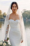 Ivory Satin Mermaid Off The Shoulder Sweep Train Wedding Dress with Sleeves