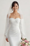 Ivory Chiffon Mermaid Appliqued Sweep Train Boho Wedding Dress with Sleeves